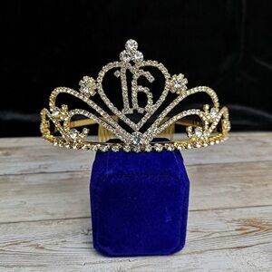 Gold Rhinestone Sweet 16 Crown Tiara Gift Keepsake